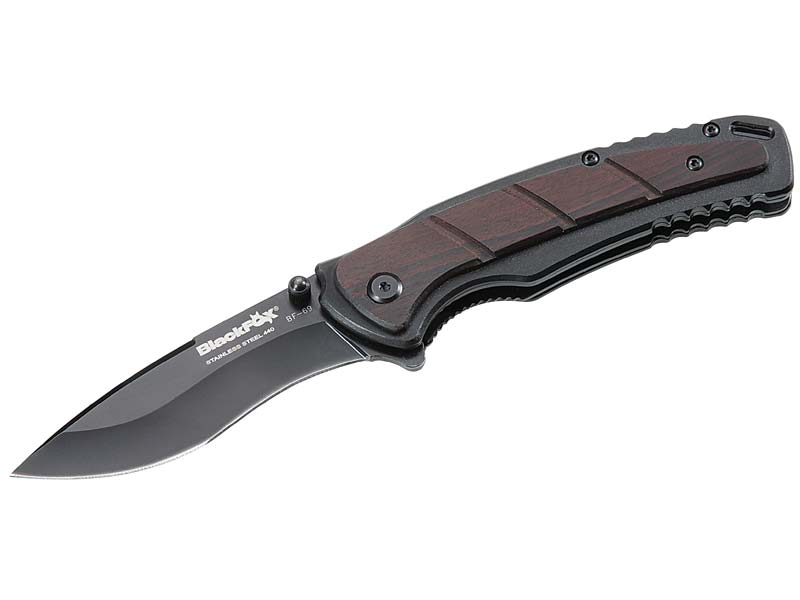 BlackFox Einhandmesser, Stahl 440, schwarz beschichtet,, Aluminium-Griffschalen, Sandelholz Auflage