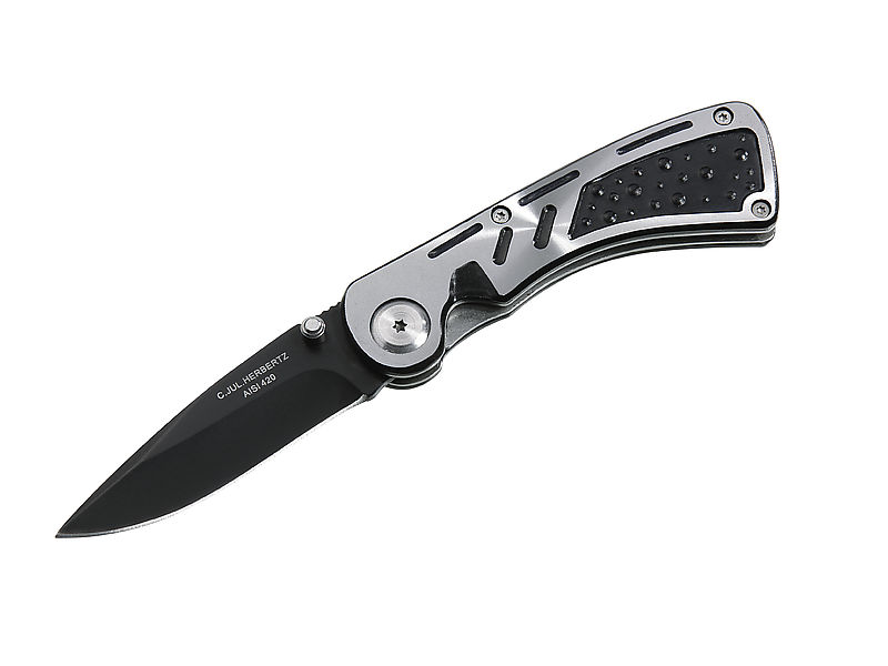 Herbertz Einhandmesser, Stahl AISI 420, schwarz beschichtet,, Liner Lock, Aluminium-Griffschalen, Edelstahl-Clip