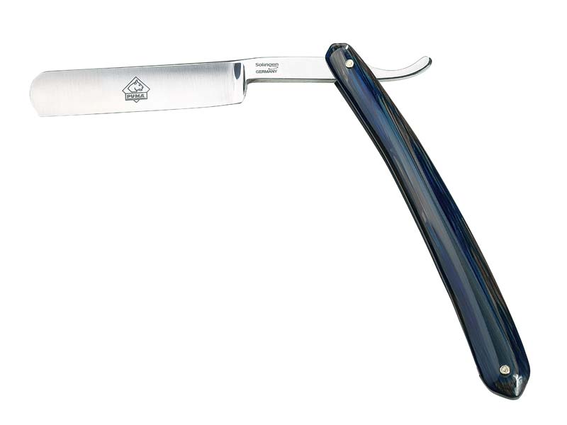 PUMA Rasiermesser, Carbonstahl, Klingenbreite 1,8 cm, (5/8 Zoll), Celluloid ozean-blau, Rundkopf, K