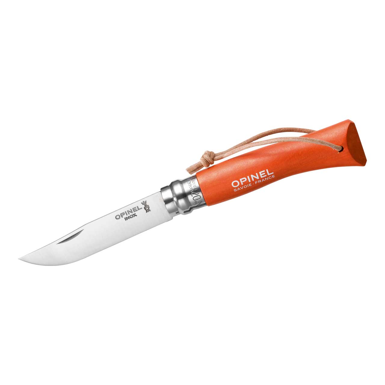 Opinel-Messer Nr. 7, rostfreier Sandvik-Stahl 12C27, orangefarbener Buchenholzgriff, Lederriemen, V