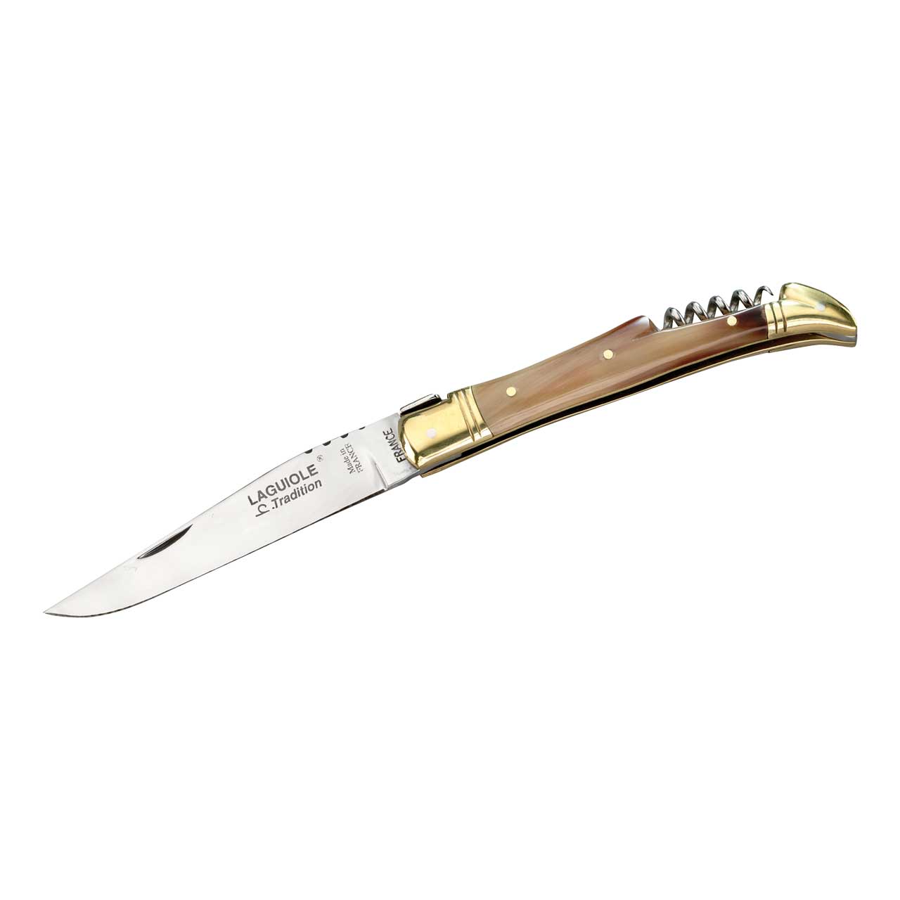 Laguiole-Messer, Sandvik-Stahl 12C27, Schalen aus Hornspitze, Messingbacken