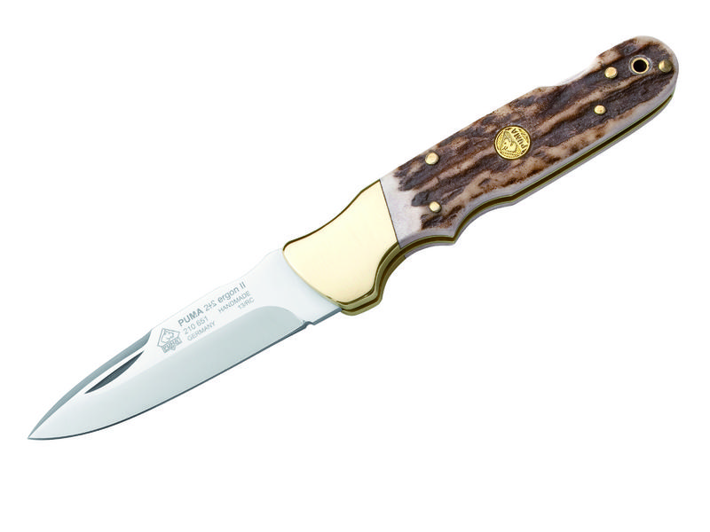 Puma Taschenmesser, ergon II, Stahl 1.4116 rostfrei, Hirschhorn-Griffschalen, Messingbacken, Back Lock