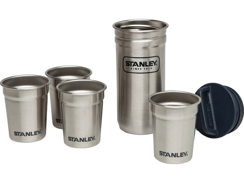 Stanley Steel Shot Glass Set, 4 Becher, je 59 ml, 18/8 Edelstahl, navyblauer Kunststoffdeckel, Anhä