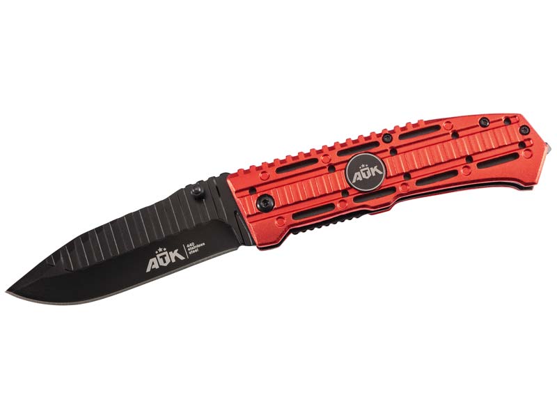 ATK Einhandmesser, Stahl AISI 440, schwarz beschichtet, Liner Lock, rote Aluschalen, Schlagdorn, Cl