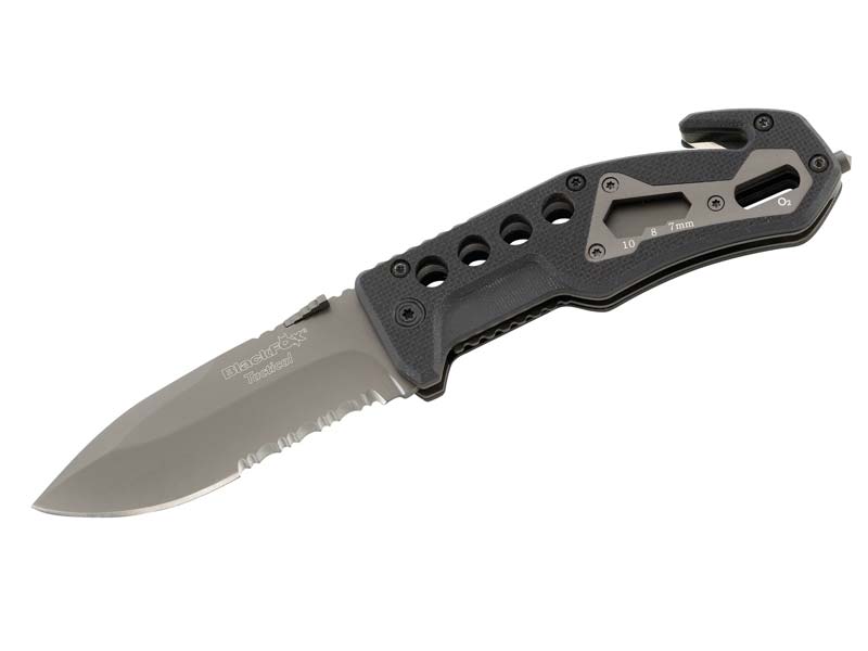 BlackFox Einhand-Rettungsmesser, Stahl 440, Teilsägezahnung,, beschichtet, Schlagdorn, Gurtschneide