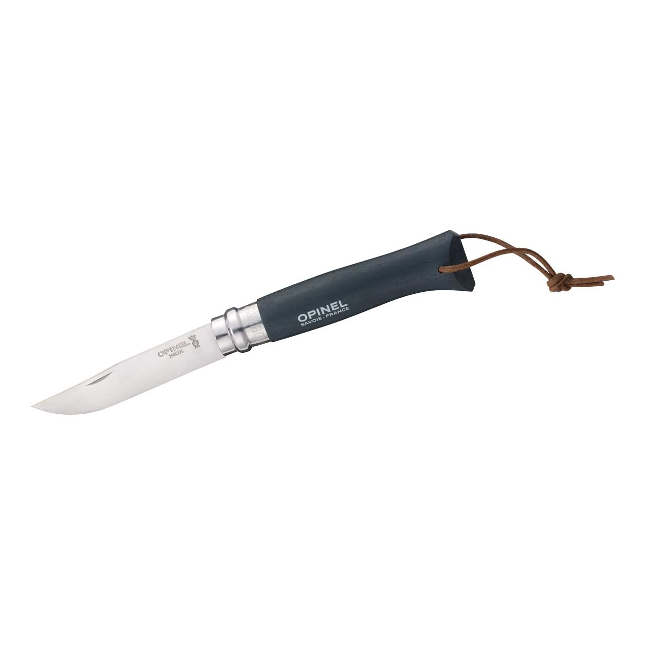 Opinel-Messer Nr. 8, rostfreier Sandvik-Stahl 12C27, Buchenholzgriff grau, Lederriemen, Virobloc-Sy