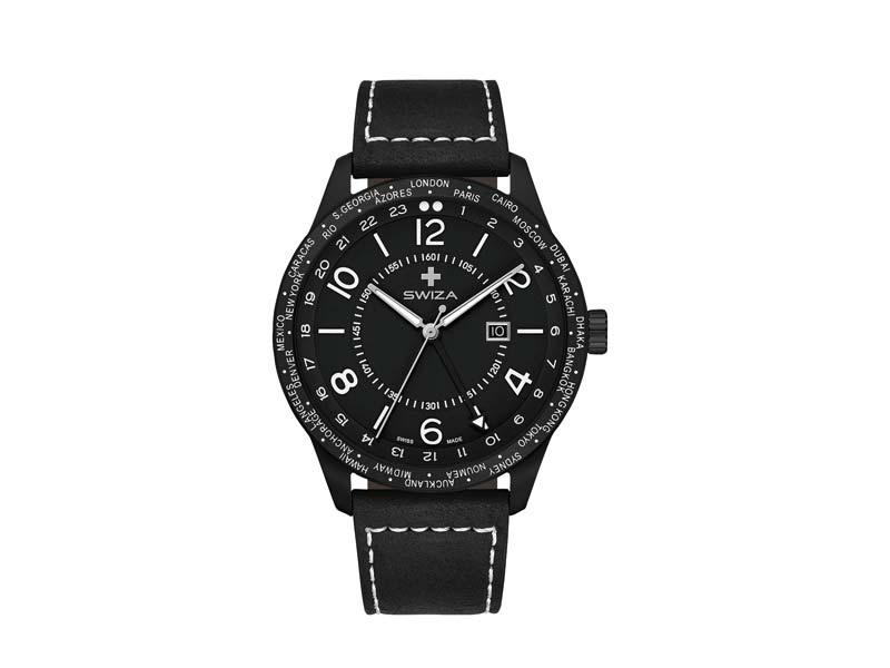 SWIZA Armbanduhr MAGNUS GMT, Ronda 515.24h Uhrwerk, Edelstahl 316L, schwarz PVD-Coated, Saphirglas,