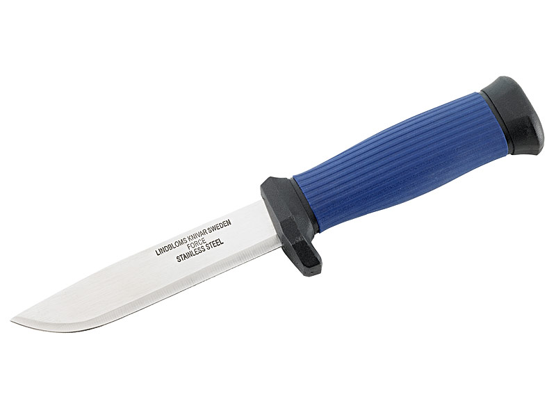 Lindblom's Knivar Gürtelmesser, rostfrei, blauer Gummigriff, Kunststoffscheide
