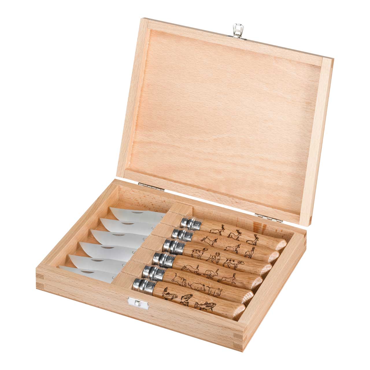 Opinel-Messer, Größe 8, Animalia-Kollektion, Holzbox, Set mit 6 Messern, Sandvikstahl 12C27, rostfr