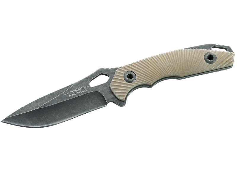 HERBERTZ Top-Collection Gürtelmesser, Stahl AISi 420, stonewashfinish, G-10 Griffschalen, Ledersche