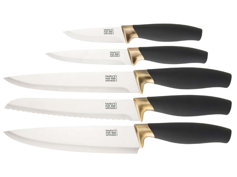 Taylors Eye Küchenmesser Set, 5 Messer, 1 Messerschärfer, antibakterielle Beschichtung, Softgrip-Ku