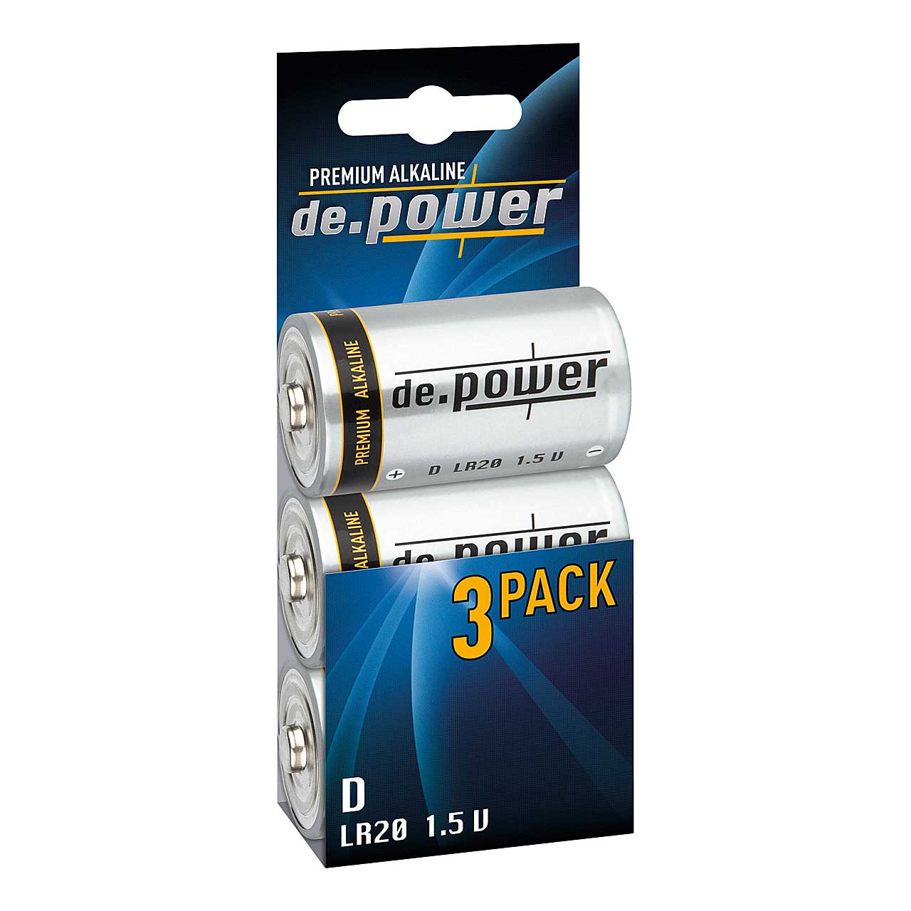 de.power Premium Alkaline D-Cell-Batterie, 3er Pack
