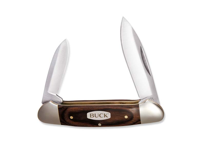 Buck Taschenmesser CANOE, Stahl 420J2, 2 Klingen, Nagelhau, Slip Joint, Neusilberbacken, Pakkaholzs