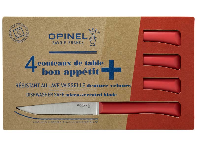 Opinel Tafelmesser Bon Appetit+, 4-tlg., Sandvik-Stahl 12C27, rostfrei, Mikrozahnung, roter Polymer