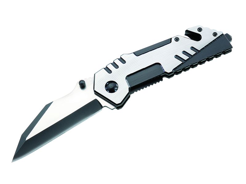 Herbertz-Rettungsmesser, AISI 420 Stahl, Liner-Lock,, Edelstahl-Heft, Metall-Clip, Schlagdorn, Gurt