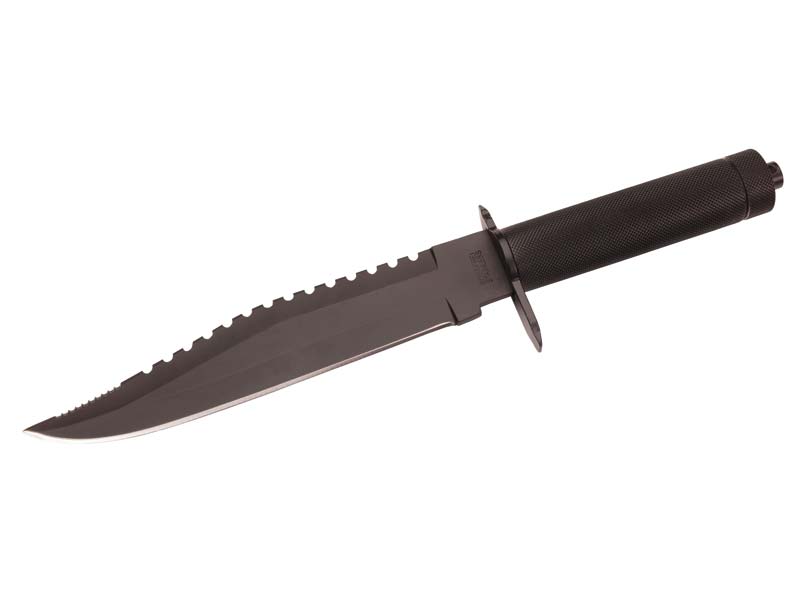 Herbertz Survival-Messer, Stahl AISI 420, Rückensäge, schwarz beschichtet, Alu-Hohlgriff, Scheide,